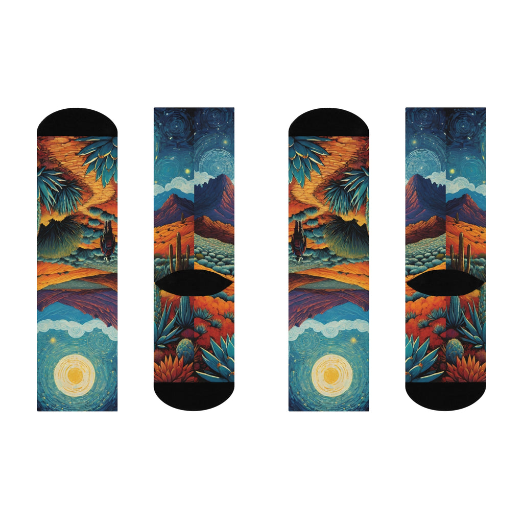 Desert Walking Nightscape Cushioned Crew Socks | Moonlit Mountains, Cactus Trail