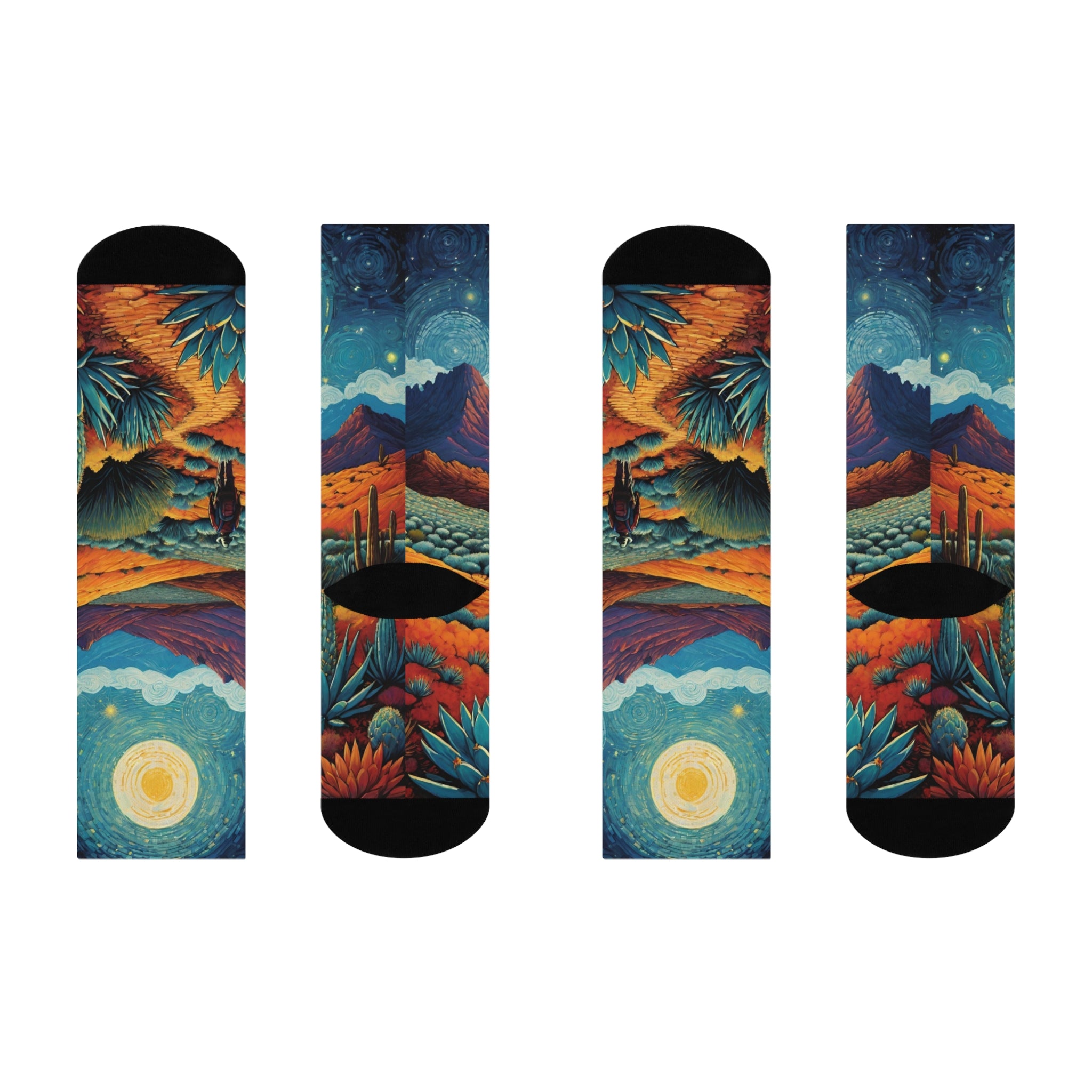 Desert Walking Nightscape Cushioned Crew Socks | Moonlit Mountains, Cactus Trail