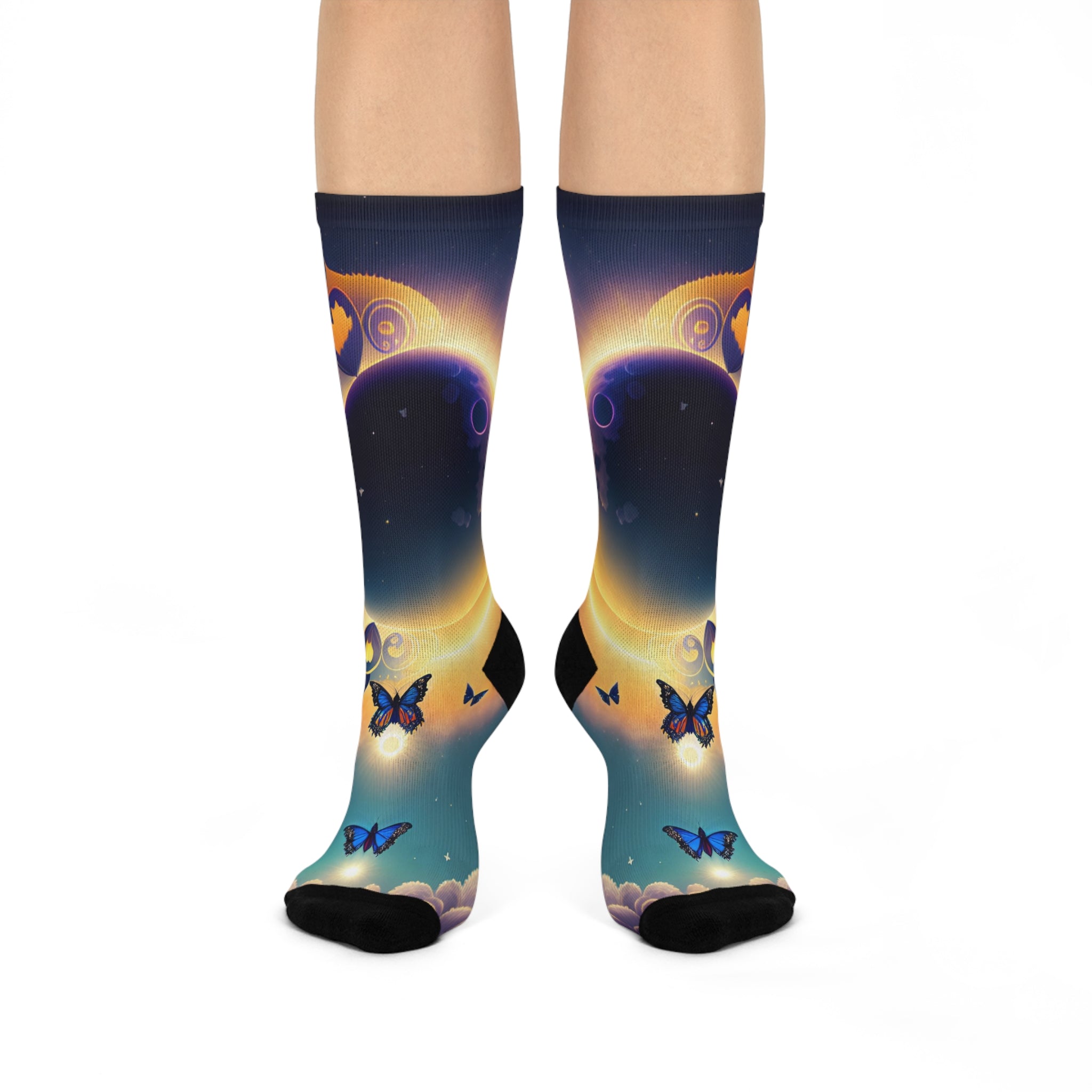 Sunflower Eclipse Butterfly Crew Socks | Moon Sun Sky
