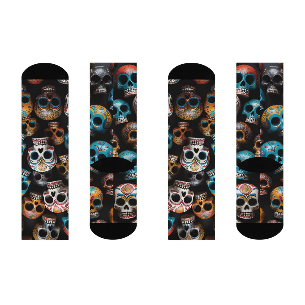 Colorful Sugar Skull Pattern Cushioned Crew Socks | Day of the Dead Skull Socks