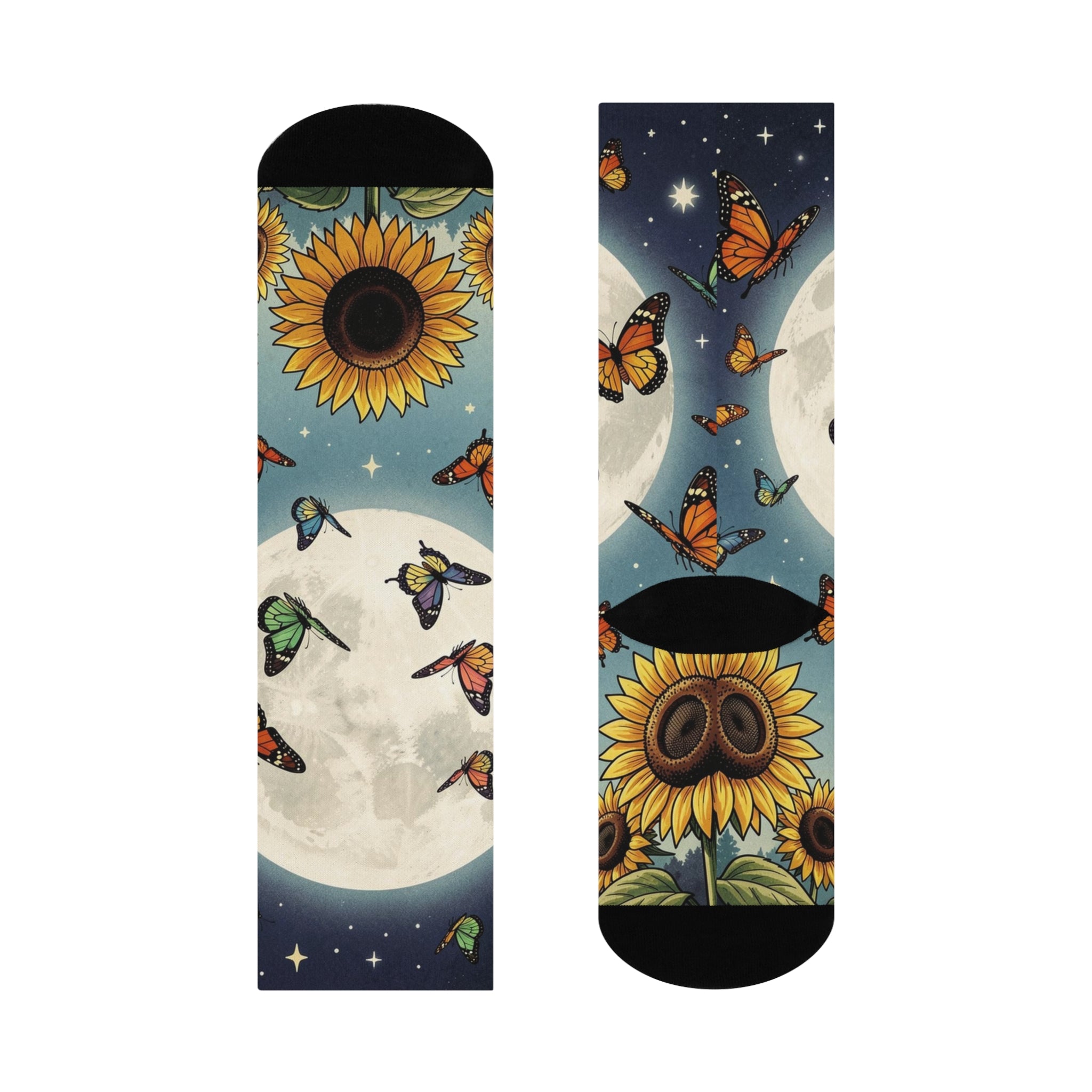 Moonlit Sunflowers Butterfly Crew Socks | Moon and Stars Night Sky Socks