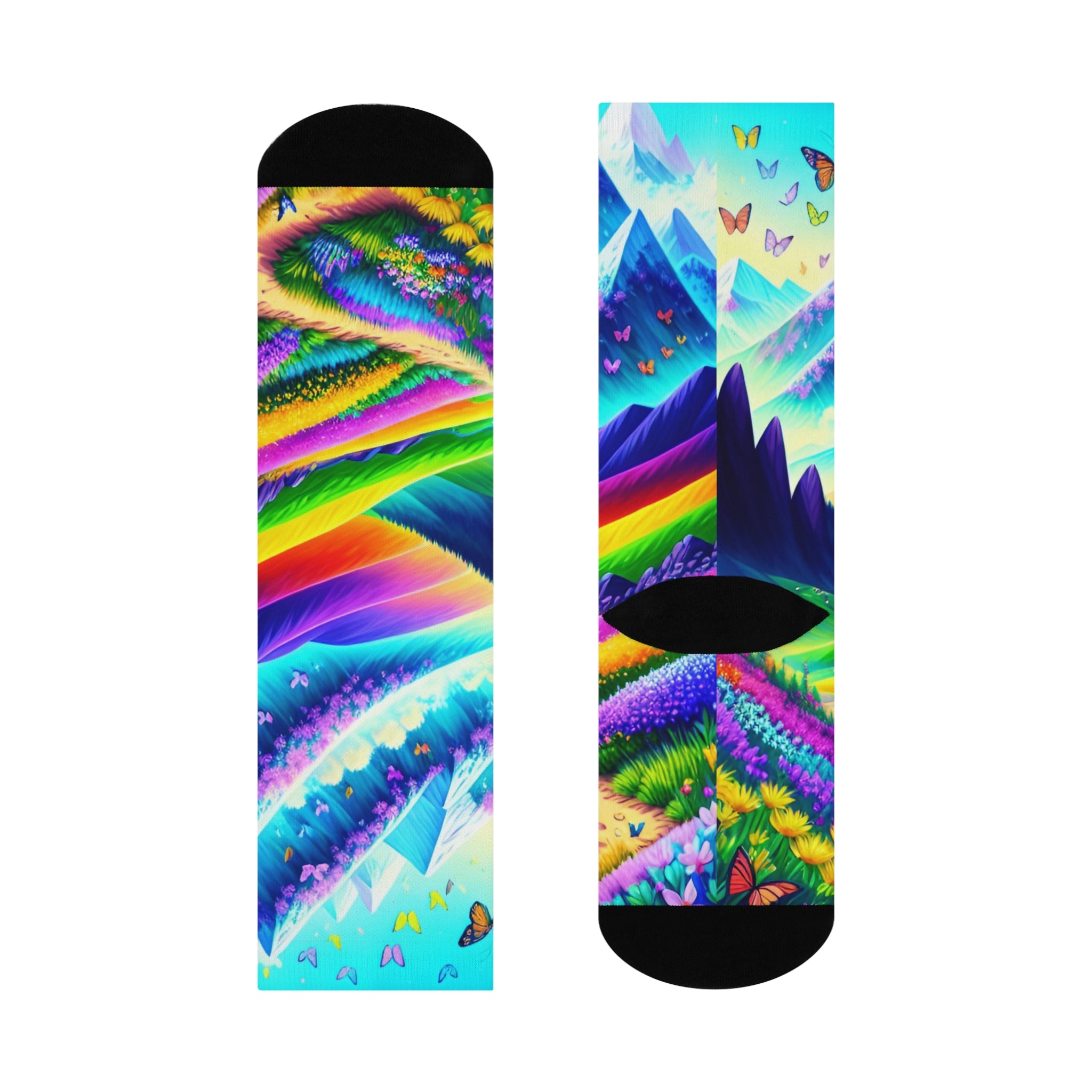 Rainbow Alpine Mountain Crew Socks - Vibrant Butterfly and Snowy Peak Art 1