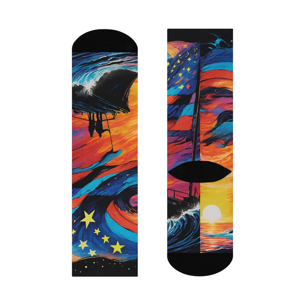 Starry Sunset Sailboat Socks | Colorful Ocean Wave Crew Socks