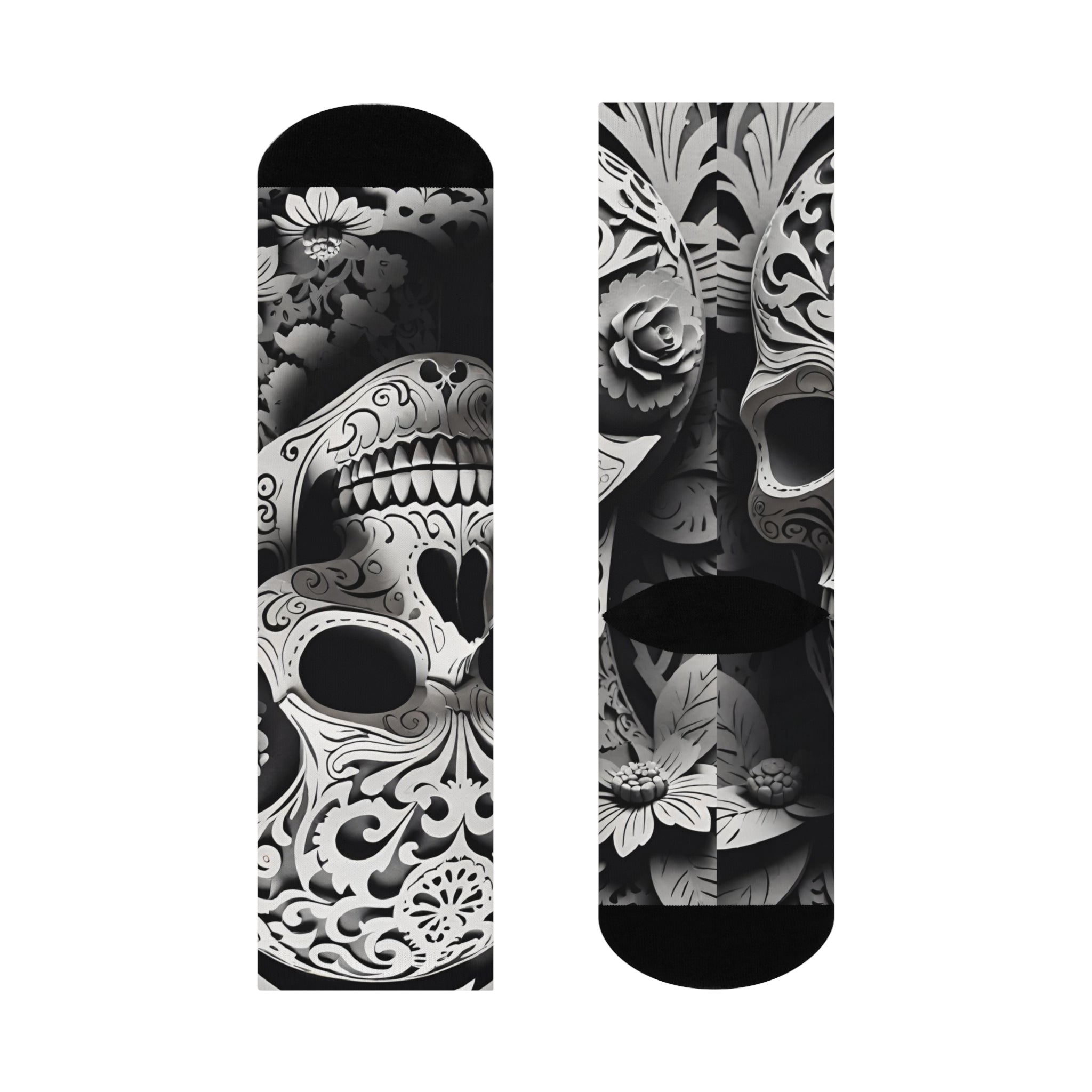 Skull Calavera Cushioned Crew Socks | Day of the Dead Black & White