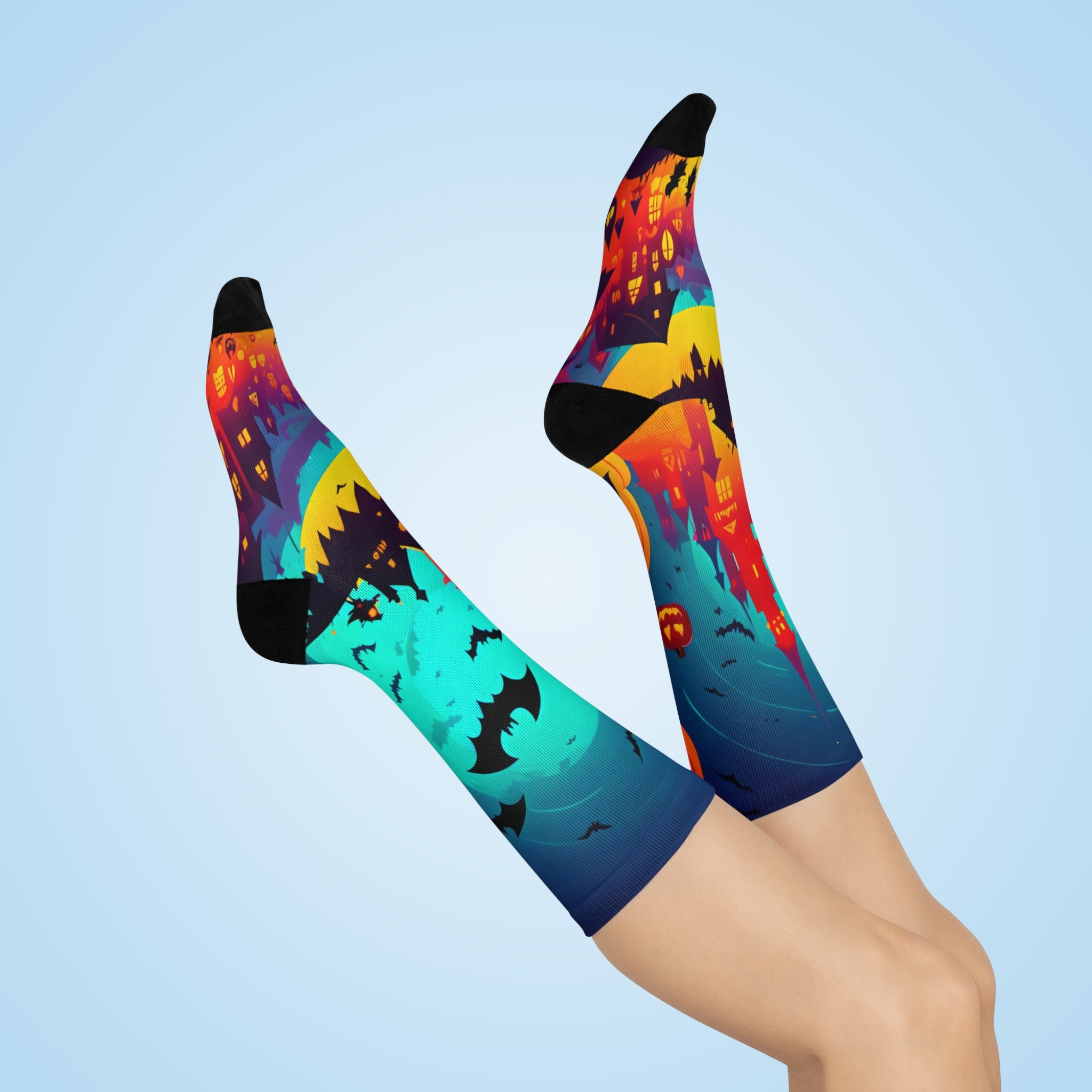 Halloween Haunted Castle Cushioned Crew Socks | Bats Jack-o'-Lantern Night