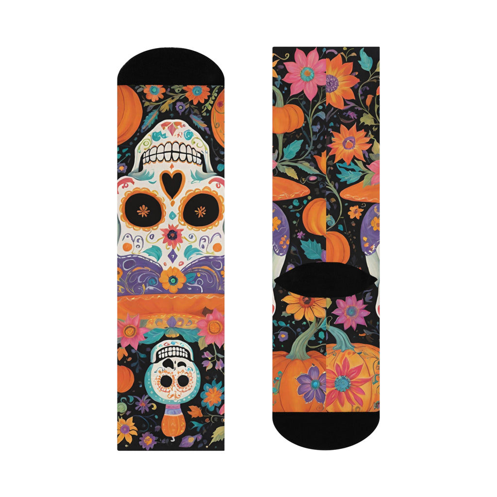 Sugar Skull Pumpkin Socks | Crew Socks, Day of the Dead Floral Pattern