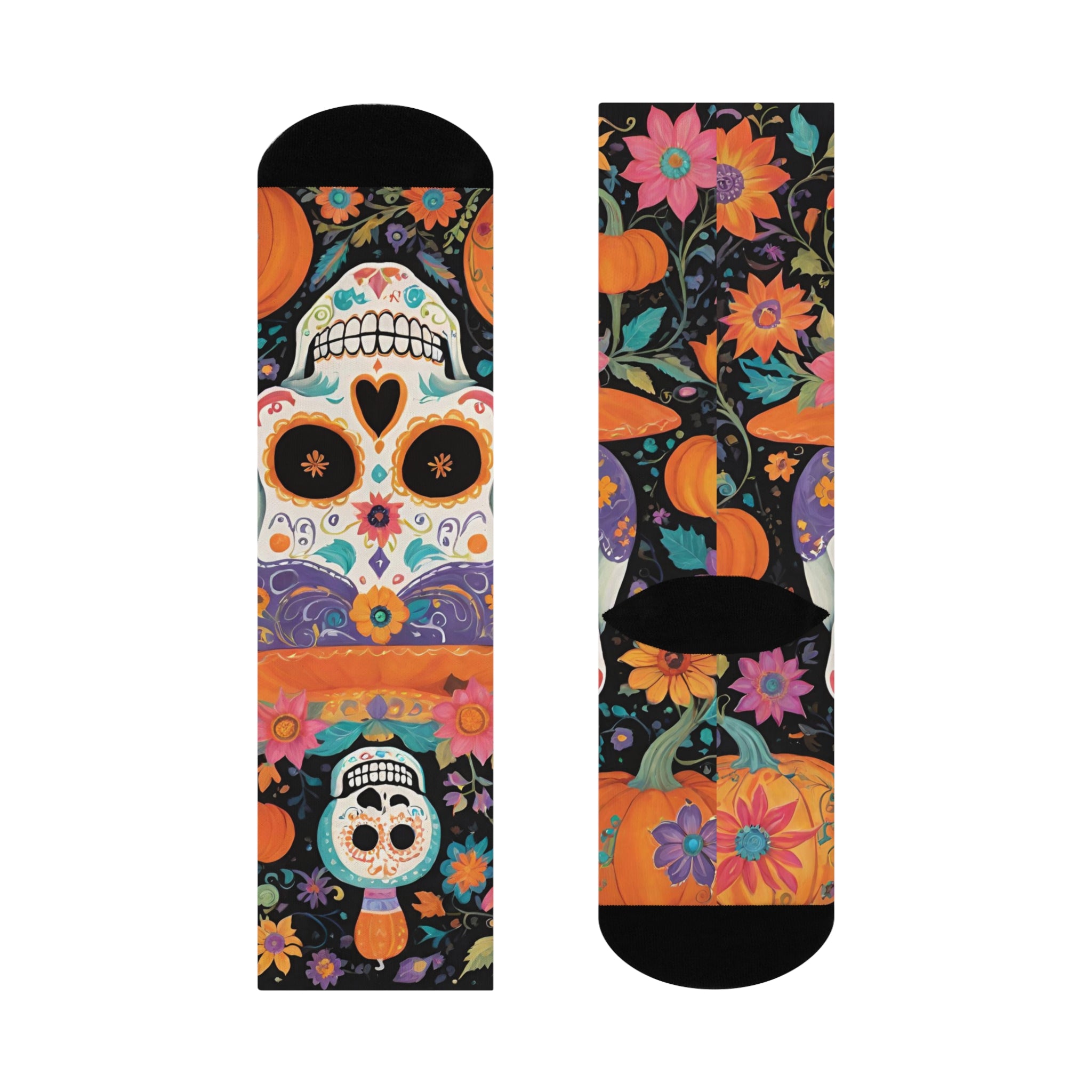 Sugar Skull Pumpkin Socks | Crew Socks, Day of the Dead Floral Pattern