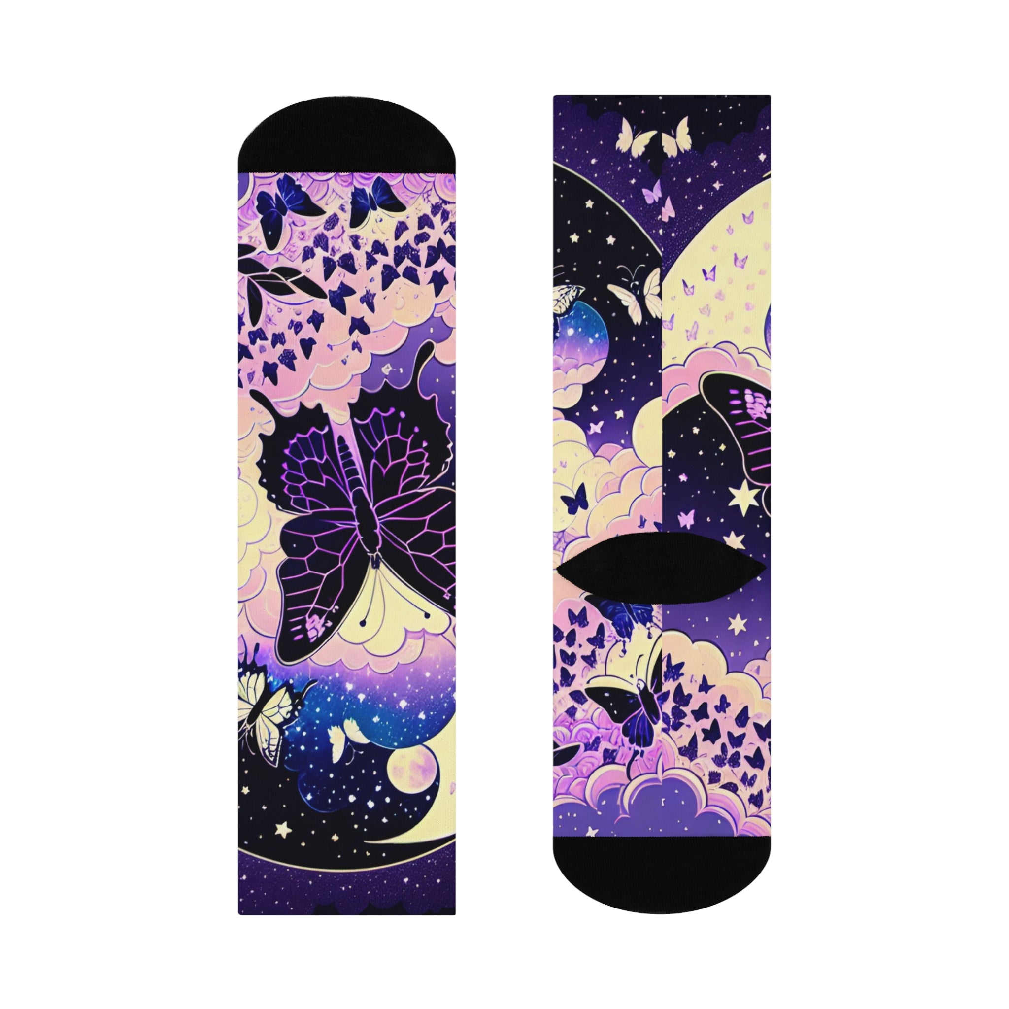 Moonlit Moth Night Sky Crew Socks | Purple Galaxy Butterfly