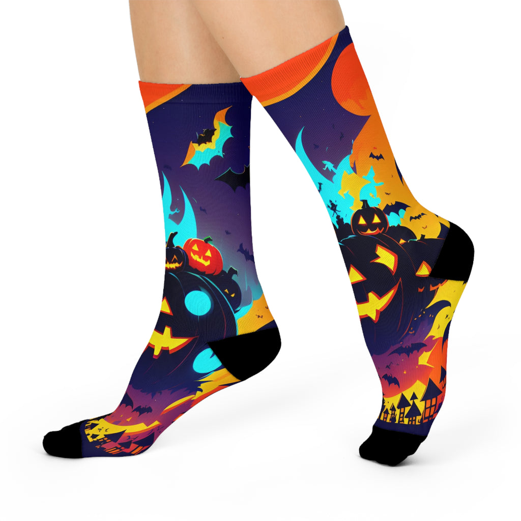 Pumpkin Night Scene Cushioned Crew Socks | Halloween Jack-o'-Lantern Bats